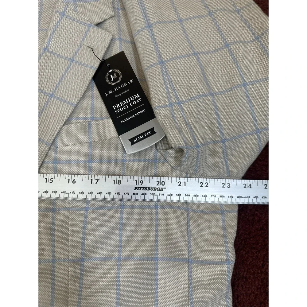 J. M. Haggar Slim‎ Fit Blue/Tan Linen Windowpane Blazer Sport Coat Men's 46R NWT